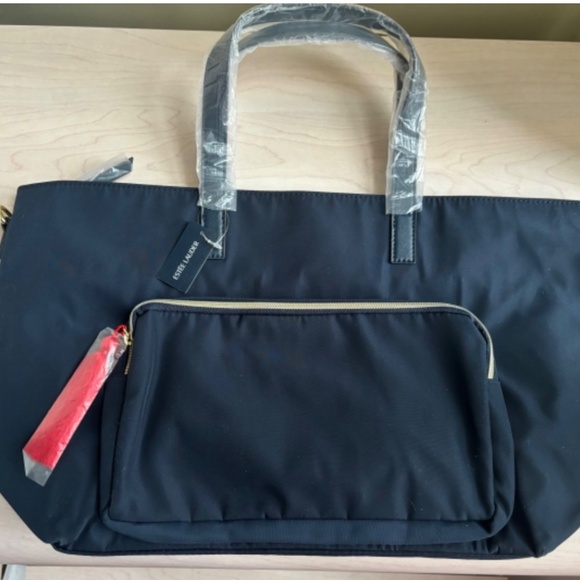 New Estée Lauder Navy Zippered Tote Bag & Red and Pink Interior Bag 2 Piece Set - Picture 2 of 6